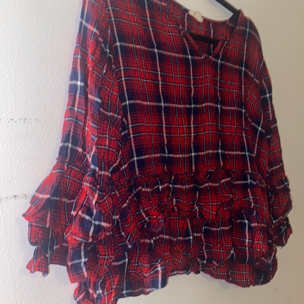 Ruffle top plaid shirt